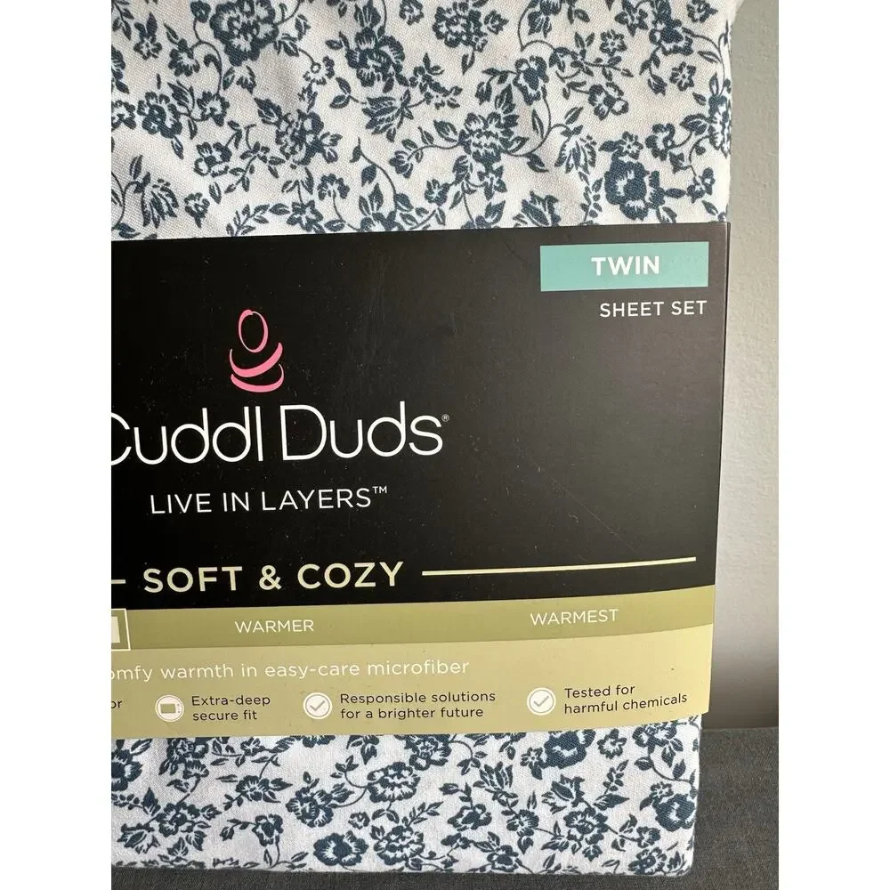 Cuddl Duds Microfiber Sheet Set 3 Piece Twin Size 16” Deep Pocket Blue Floral